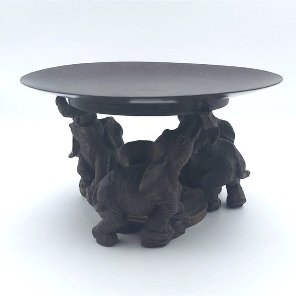 Three Elephants Metal & Resin Candle Holder Plate Centerpiece Trunks Up - Picture 1 of 7